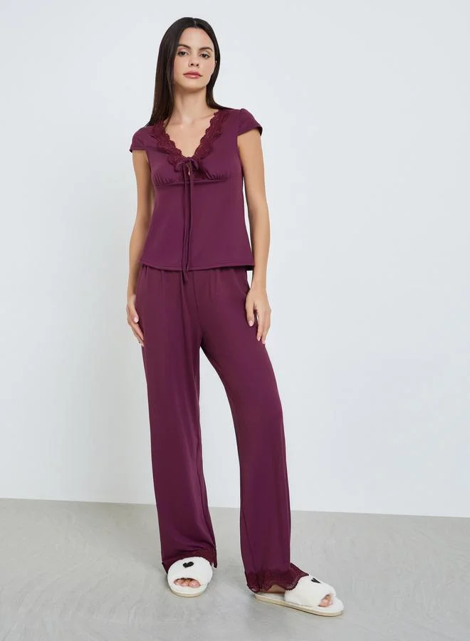 Styli  Women Burgundy Lace Trim Top and Pyjama Set for Women | Best Price UAE